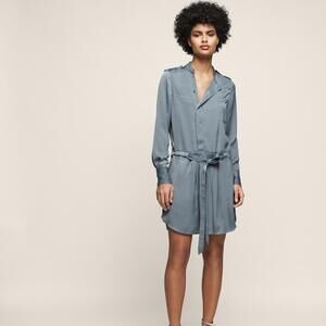 REISS Eleanor Satin Slouch Long Sleeve Mini Military Style Tie Waist Shirt Dress